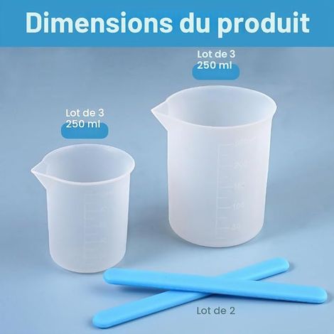 Pièces Tasses à Mesurer Silicone avec Gradué, 100ml/250ml Gobelets Doseurs en Silicone pour Résine, 2 Melangeur, Verre Doseur Silicone pour Résine Époxy, Bricolage, Laboratoire, Cuisine (1/4)