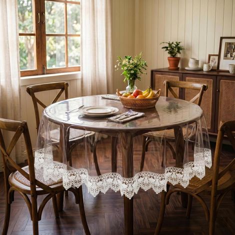 Nappe de table transparente ronde 140 cm avec bordure en dentelle, imperméable, PVC