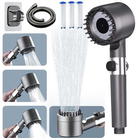 Pommeau de Duche Haute Pression, OUYLAF Pommeau de Duche Economie Deau avec Tuyau Douche 1.5M et Support, Salle de Bain Réglable à 4 Modes, Pommeau de Douche Anti Calcaire Bouton D'arrêt D'eau (1/4)