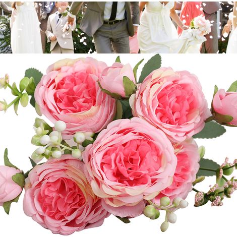 Roses persanes artificielles à cinq têtes, en bouquets de trois, parfaites pour les bouquets de mariée et la décoration intérieure du salon, rose foncé. (1/5)
