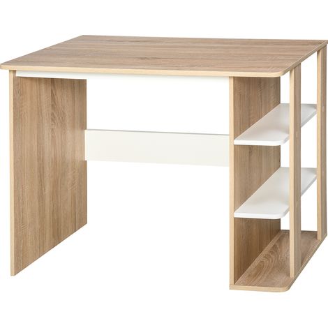 Scrivania per computer, scrivania con ripiano portaoggetti a 3 livelli, tavolo da lavoro per ufficio domestico, studio, soggiorno, rovere e bianco