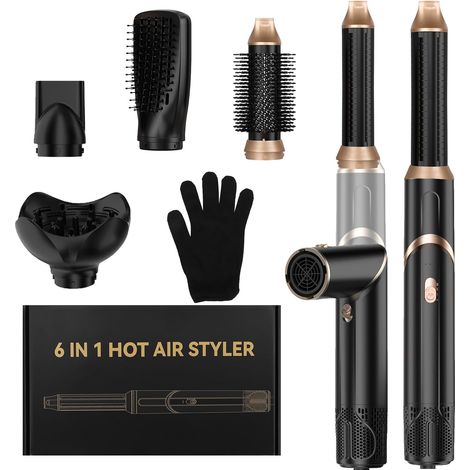 Brosse à cheveux 6 en 1 avec air automatique gauche/droite, sèche-cheveux ions, brosse thermique, 1000 W, multi-airstyler pour séchage, lissage et bouclage (noir 6 en 1) (1/5)