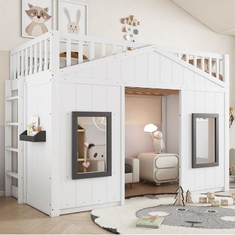 Cama alta infantil de madera maciza y MDF blanca/gris 90x200 cm con escalera, barandillas y espacio inferior libre (1/5)