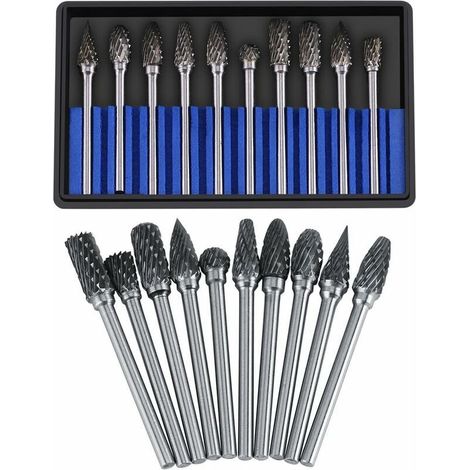 Ensemble de fraises en carbure Limes rotatives en acier au tungstène 10 pièces de fraise à tête de diamètre pour tige de fraise en bout de 3 mm 6 mm la perceuse sculpture sur métal coupe polissage gra