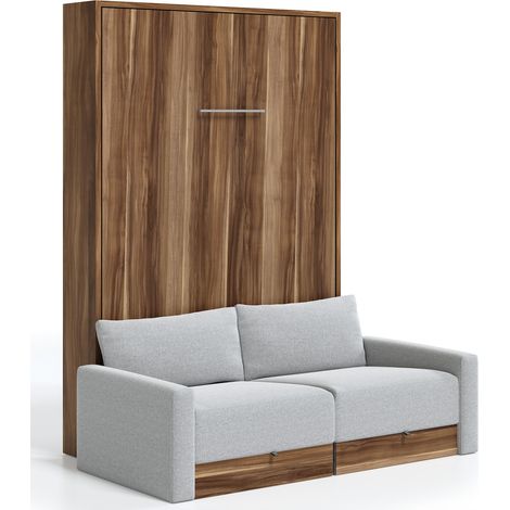 Lit escamotable vertical à tiroirs et canapé tissu VALENCIA Sans matelas Gris clair-80x180-Canapé Gris clair-Structure Noyer (1/5)