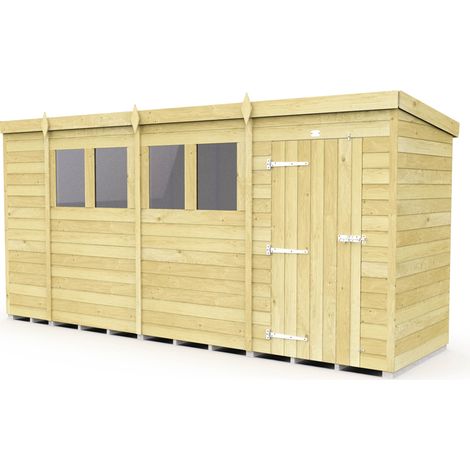 14 x 4 Feet Pent Shed - Single Door With Windows - Wood - L118 x W417 x H201 cm