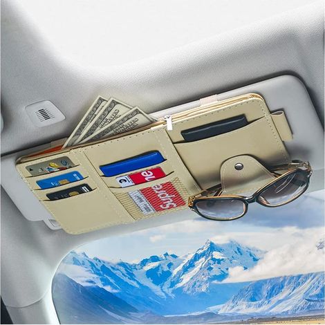 Organiseur de pare soleil de voiture Poche de rangement en cuir avec fermeture éclair pour cartes permis d immatriculation stylos (1/5)