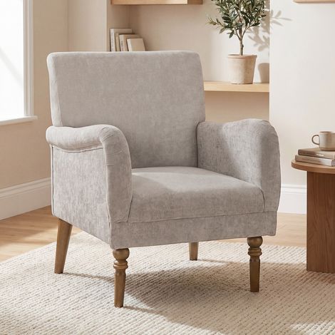 Fauteuil de salon, canapé 1 place avec dossier haut, accoudoirs, assise large, pieds en bois d'hévéa, tissu en lin, gris (1/5)