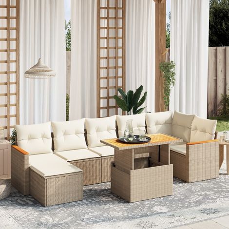 Ensemble salon jardin 8 places résine tressée beige avec coussins lavables - Table extensible acacia et repose-pieds inclus (1/3)