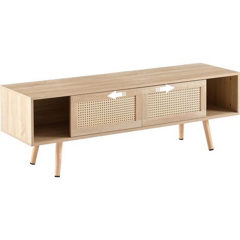 Meuble TV en rotin avec portes coulissantes doubles, étagères réglables et pieds en bois massif - 140 x 40 x 45 cm, finition bois naturel (1/5)