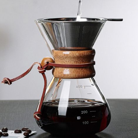 Cafetière à filtre manuel 400 ml avec double filtre, bec verseur en V et manchon en bois, idéale pour la maison, les cafés et les fêtes.