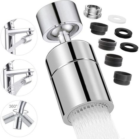 Pommeau de robinet économe en eau - Chrome - Pommeau de robinet rotatif - 2 positions - Rotation à 360 degrés - Fixation pour robinet - Avec divers accessoires (1/5)