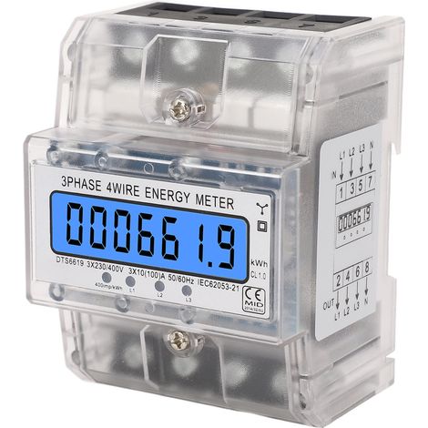 Energiezähler, 3-phasig, 4-adrig, mit hintergrundbeleuchtetem LCD-Display, DIN-Schienenmontage, 10–100 A, 230–400 V AC (1/5)