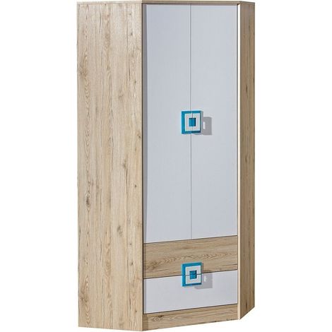 Armario de rincón Tolfere 102, Roble claro + Blanco + Turquesa, 190x87x87cm, Puertas de armario: Con bisagras, Número de estantes: 3