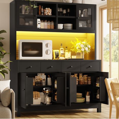 Aparador alto 140 x 38,5 x 180 cm en MDF negro, puertas de vidrio, 4 cajones y LED RGB (1/5)