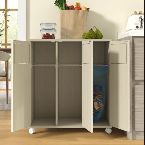 Meuble de cuisine à 3 bacs, placard de tri des déchets roulant aspect chêne clair, armoire poubelle 3 portes avec roulettes blanches, pour cuisine et salle à manger, L69,3 x P35 x H80 cm (1/5)