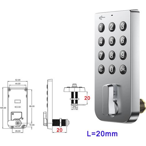 (Argent L20mm) Serrure à combinaison électrique à bouton-poussoir pour armoire, tiroir ou boîte aux lettres, en alliage de zinc (1/5)