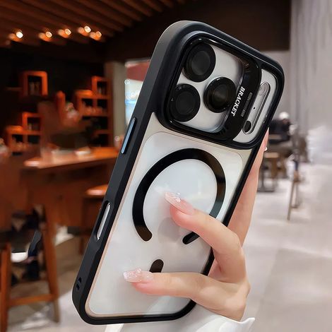 (iPhone 16 Noir) Coque magnétique transparente, support en acrylique, lentille en verre