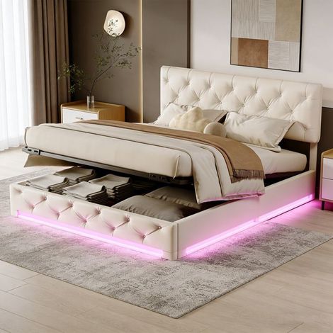 Lit Coffre 160 x 200 CM mit Lattenrost - LED - Doppelbett mit Hydraulik - Bett 160 x 200 mit Stauraum unter dem Bett