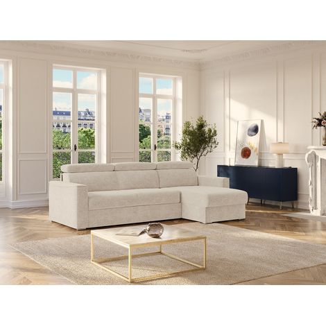 Canapé d'angle réversible convertible express en tissu chenille beige - Couchage 140 cm - Matelas 18 cm VIZIR (1/4)