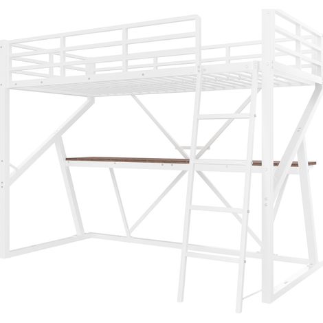 Lit surélevé 90x200 cm, structure métal, LED, garde-corps, escalier, bureau, sans matelas, blanc, chambre enfant. (1/5)