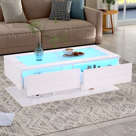 Table basse avec LED, 2 tiroirs et plateau en verre trempé 100 x 50 x 35 cm blanc DESVIAE (1/5)