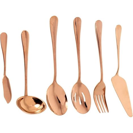 Set de 6 pièces de couverts de service dorés, avec pelle à gâteau et cuillère à fentes, ustensiles de table élégants pour buffet et réception, dorure premium (1/5)