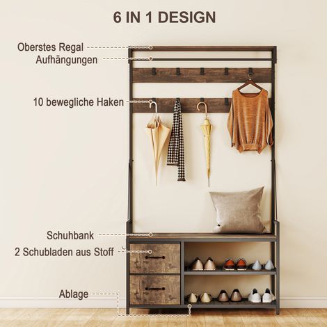 Porte-manteau mural 6 en 1 avec étagère à chaussures, 10 crochets, 2 tiroirs en toile, métal marron, style loft industriel (1/4)