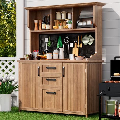 Buffet enfilade bois sapin massif 125x50x185,1cm, armoire jardin avec rangement, 3 tiroirs, étagères réglables et panneau métal perforé