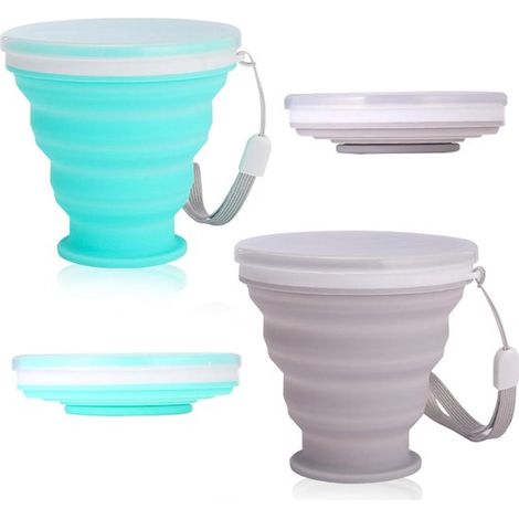 Tazze da viaggio pieghevoli in silicone - Set da 2 - Leggere, da 200 ml, con coperchio e cordino (1/5)