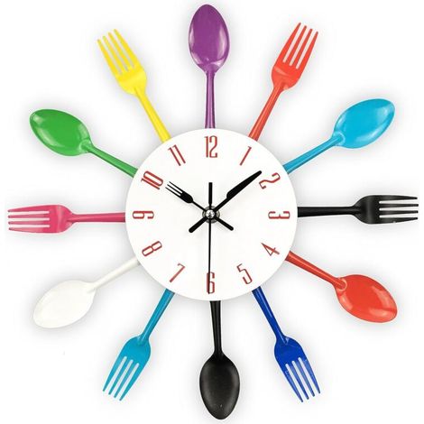 Orologio da parete per cucina, 3D rimovibile, posate moderne e creative, cucchiaio da cucina, forchetta, orologio da parete, specchio, adesivo da parete, decorazione per la casa (colorato) - Crezuo