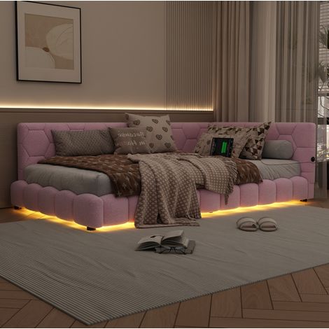 Lit de jour moderne 90x200 cm en MDF et tissu effet velours rose, avec sommier à lattes, LED 16 couleurs, USB et Type-C (1/5)