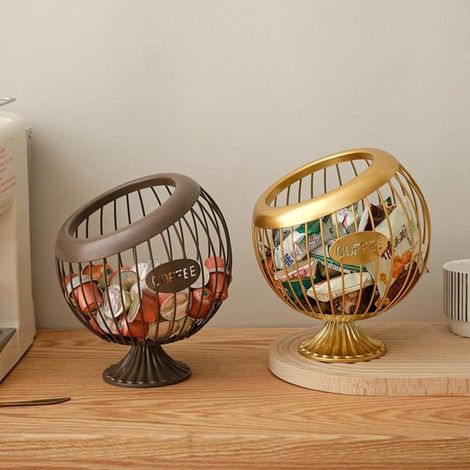 Obstkorb aus Eisen - Serie Atmosphere - Kugelförmiges Design - Wasserdichter Aufbewahrungskorb - Multifunktionaler Organizer - Braun-Gold - Für Küche, Wohnzimmer (1/2)