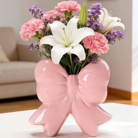 Vases roses en céramique avec nœud - Décoration de table moderne - Vase vintage pour herbe de - C Vases en Céramique avec Nœud Rose (1/5)