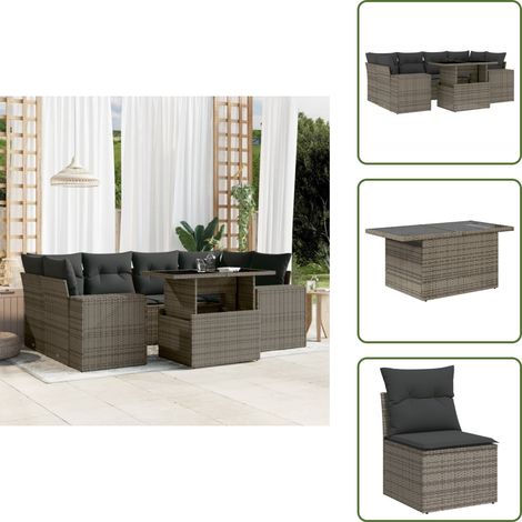 7-tlg. Garten-Sofagarnitur mit Kissen Grau Poly Rattan - Gartenmöbel Set - PE-Rattan Möbel - Outdoor Lounge - Gartenlounge - Terrassenmöbel (1/5)