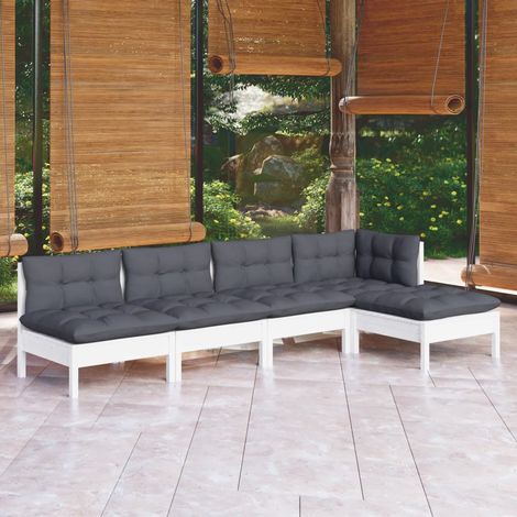 Salon de jardin 5 pcs avec coussins blanc bois de pin (1/5)