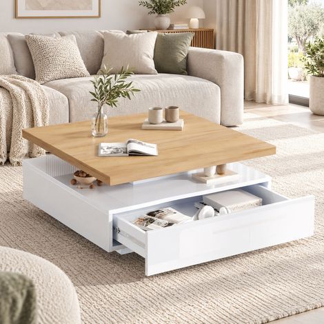 Table basse carrée pivotante 360° 70x70x36 cm, 2 niveaux, plateau effet noyer, base blanche brillante, tiroir et rangement (1/5)