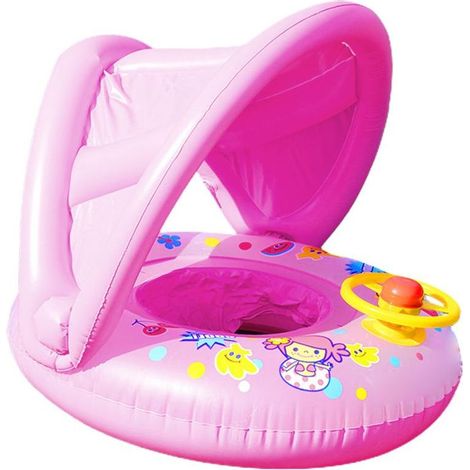 Bouée gonflable bébé avec siège, pare-soleil et volant, rose, diamètre intérieur 29cm après gonflage - (1/2)
