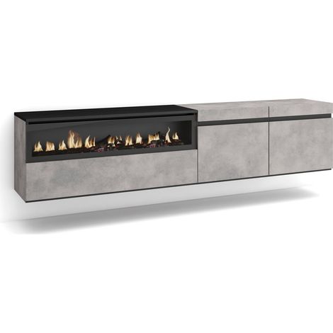 Skraut Home - TV-Schrank, Lowboard, für Wohnzimmer und Esszimmer, 200x45x35cm, Für TV-Geräte bis zu 80", Elektrokamin. Maße, Hängend, Moderner Stil, Zementgrau (1/5)