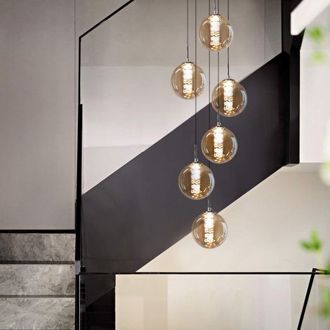 GBLY Pendelleuchte esstisch Pendellampe Höhenverstellbar kugel Hängeleuchte 6-Flammig aus Glas in Farbe Bernstein Küchen Wohnzimmerlampe Schlafzimmerlampe Flurlampe