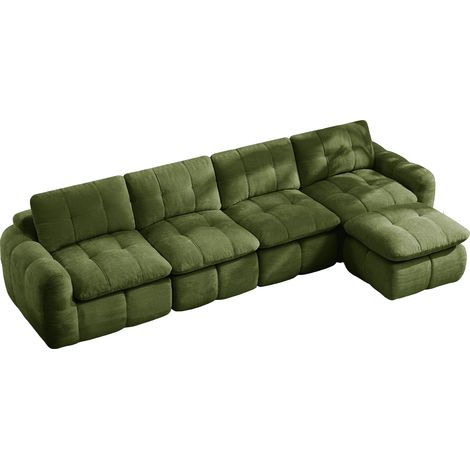 Sofá modular en L de 4 plazas, chenilla verde, sin montaje, con 1 ottoman (1/5)