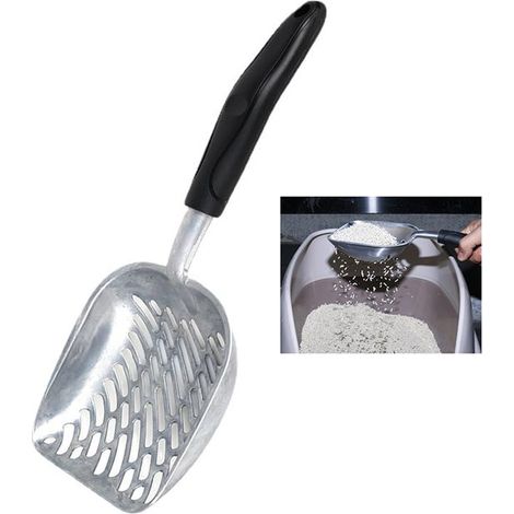 Pala metálica para arena de gato, Pala de acero inoxidable para arena de gato, Fácil de limpiar, 3613.54.5 cm, desechos de mascotas, etc, Negra (1/5)