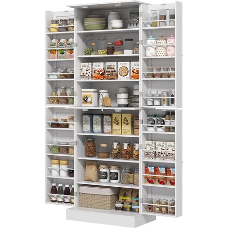 Weißes Küchenbuffet 60x35x166 cm mit Schränken, verstellbarem Einlegeboden und Gewürzregal