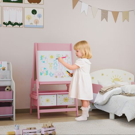 Tableau enfants 3 en 1 chevalet rouleau en papier 2 paniers en bois - Dimensions: 54x46x94 cm - Couleur: Noir, Rose