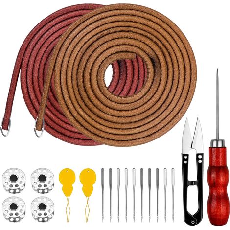 2 Courroie Machine à Coudre - Cuir Vachette 183x0,5 cm - Avec Crochets pour Pied Pédale Vintage - Kit 20 Pièces Incluant Aiguilles Bobines Enfile-aiguille (1/5)