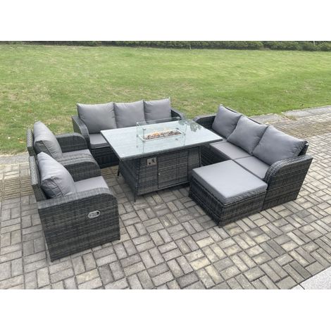 Fimous Polyrattan Gartenmöbel Set Garten Sofa im Freien Gasfeuerstelle Esstisch und Sofa set mit Sessel 2 Großer Hockern (1/5)