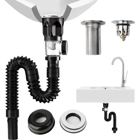 Kit di scarico per lavabo - Sifone antiodore, filtro a scomparsa - Tubo di scarico estensibile 415-950 mm
