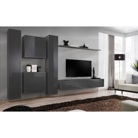 Ensemble mural - Switch VI - 2 vitrines verticales - 1 vitrine carrée - 1 banc TV - 1 étagère - Graphite - Livraison gratuite