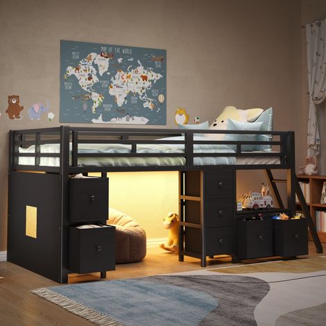 Letto a soppalco basso 90/200 cm nero con 7 cassetti, LED e area gioco (1/5)