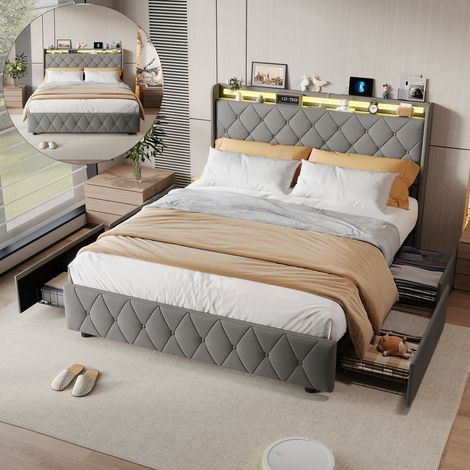 BSMGSGN-Letto Contenitore 140x200 cm con LED, 4 Cassetti, Testiera Imbottita, Porte USB e Type-C, Rete a Doghe, Letto Matrimoniale in Velluto Grigio per 2 Persone, Senza Materasso (1/5)
